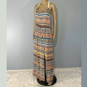 Ark & Co Maxi Dress Womens Size M Multicolor Ivory Crochet Racerback Thigh Slit